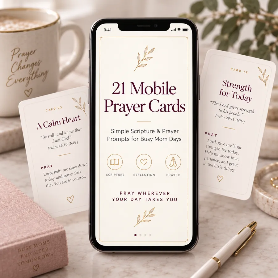 21 Mobile Prayer Cards for busy Christian moms displayed on a smartphone