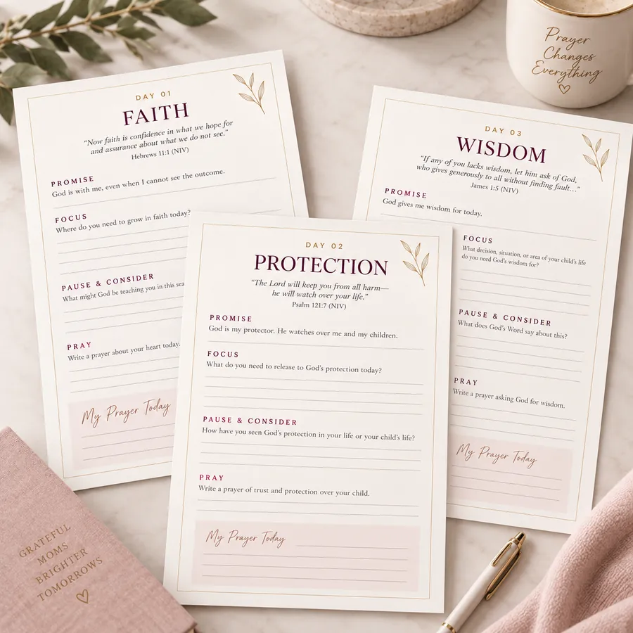 Inside pages of the 21 Days of Praying Over Your Children guided prayer journal